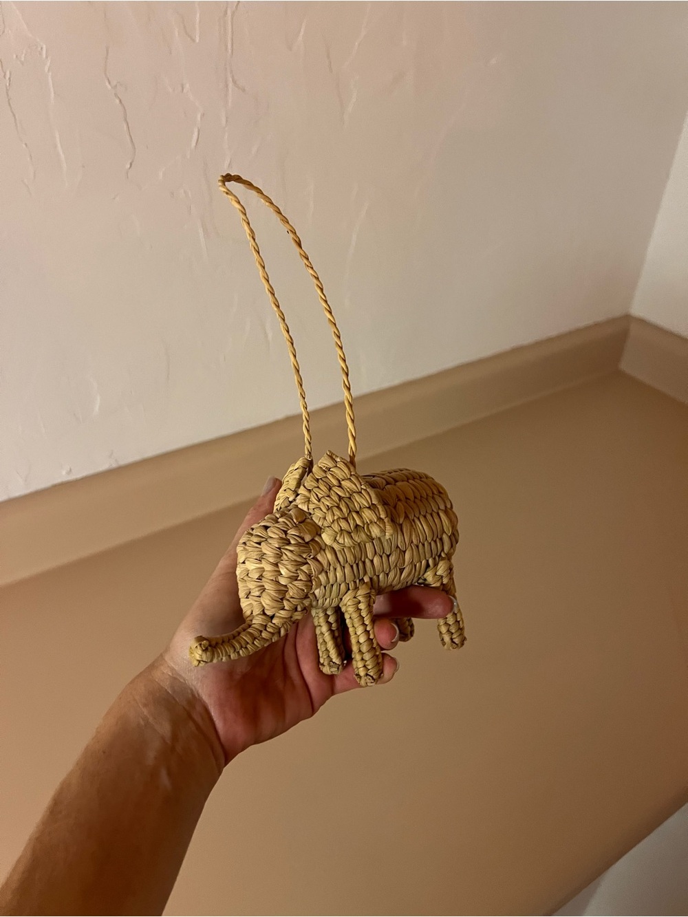 Woven Straw Elephant Ornament - Natural Beige